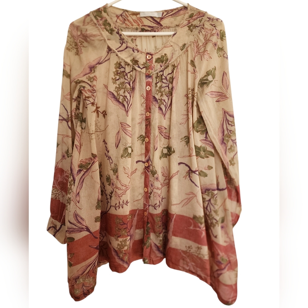DONNA KARAN Tan Red Cotton Silk Floral Print Long Sleeve Tunic Blouse SZ Small